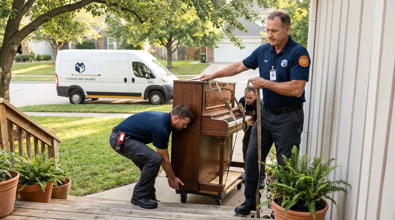 Licensed piano movers securing grand piano in Oak Lawn, IL