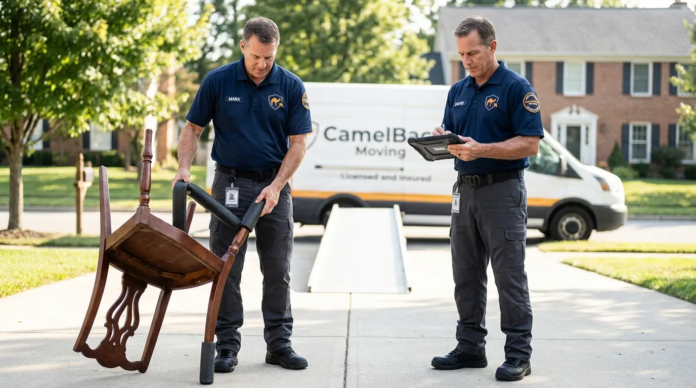Movers inspecting furniture for damage prevention before loading in Oak Lawn, IL