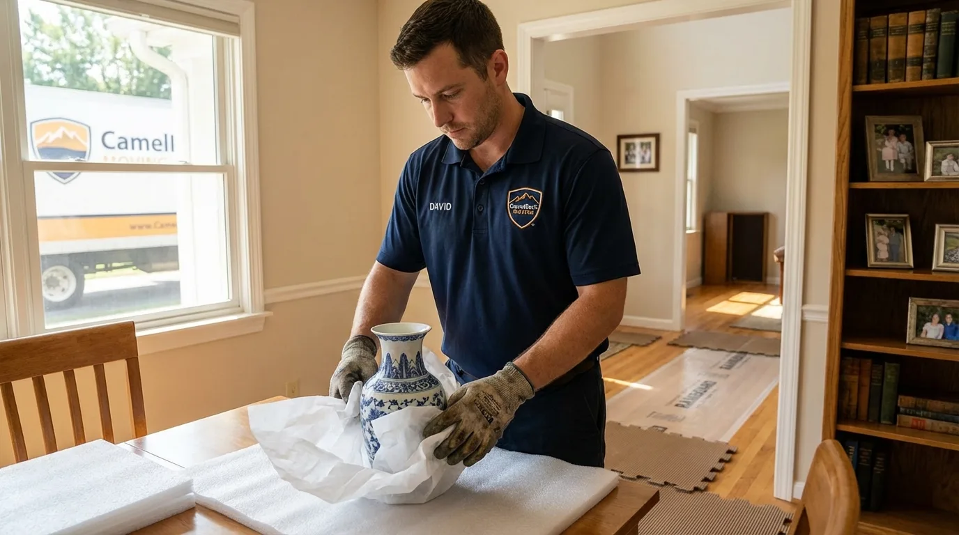 Professional crew carefully wrapping antique vase for senior downsizing move in Oak Lawn, IL